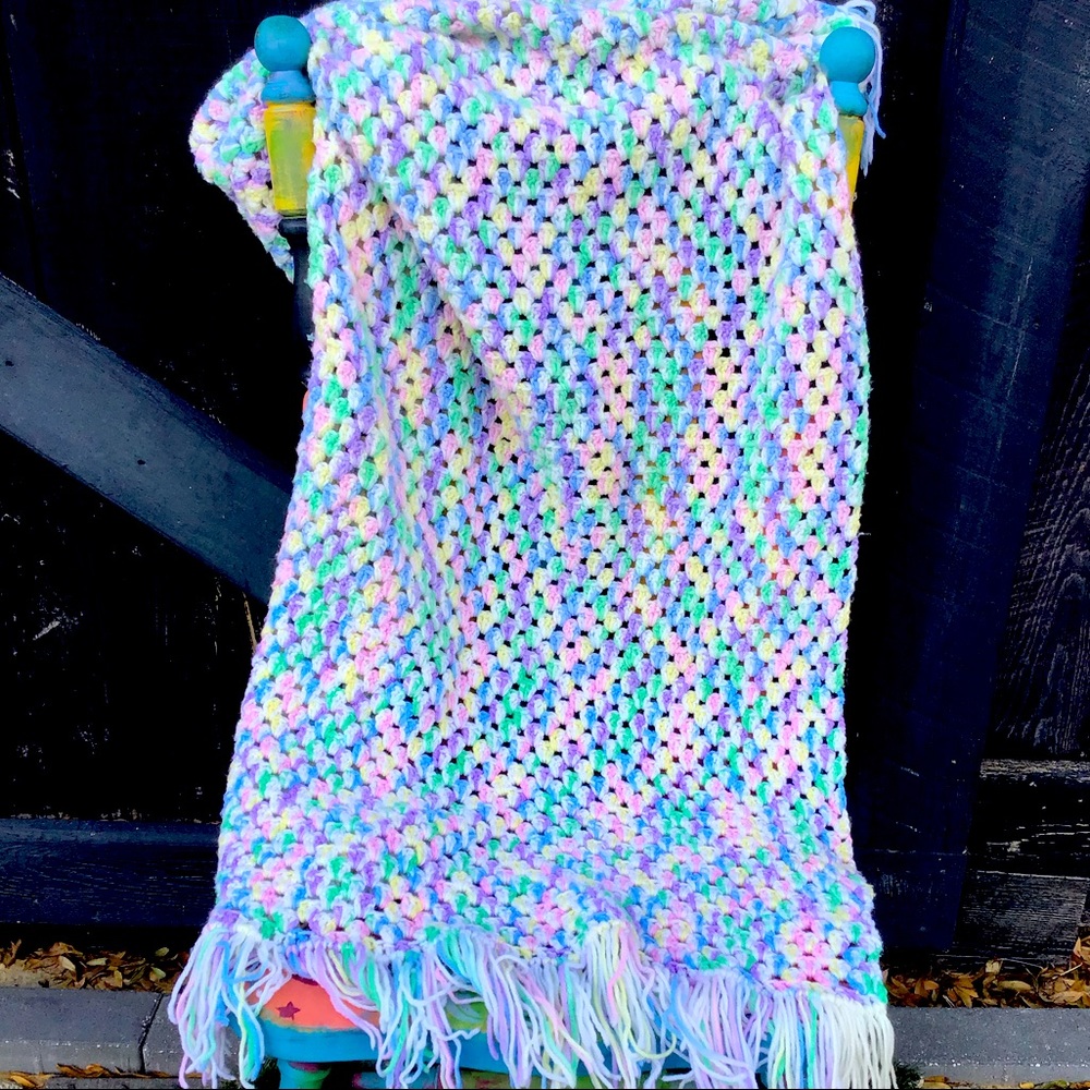 Vintage Pastel Rainbow Bohemian Afghan Throw Blanket Sweet Valentine Candy Heart